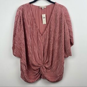NWT ERI + ALI New Pink Metallic Ribbed Knotted V-Neck Short Sleeve Blouse XL